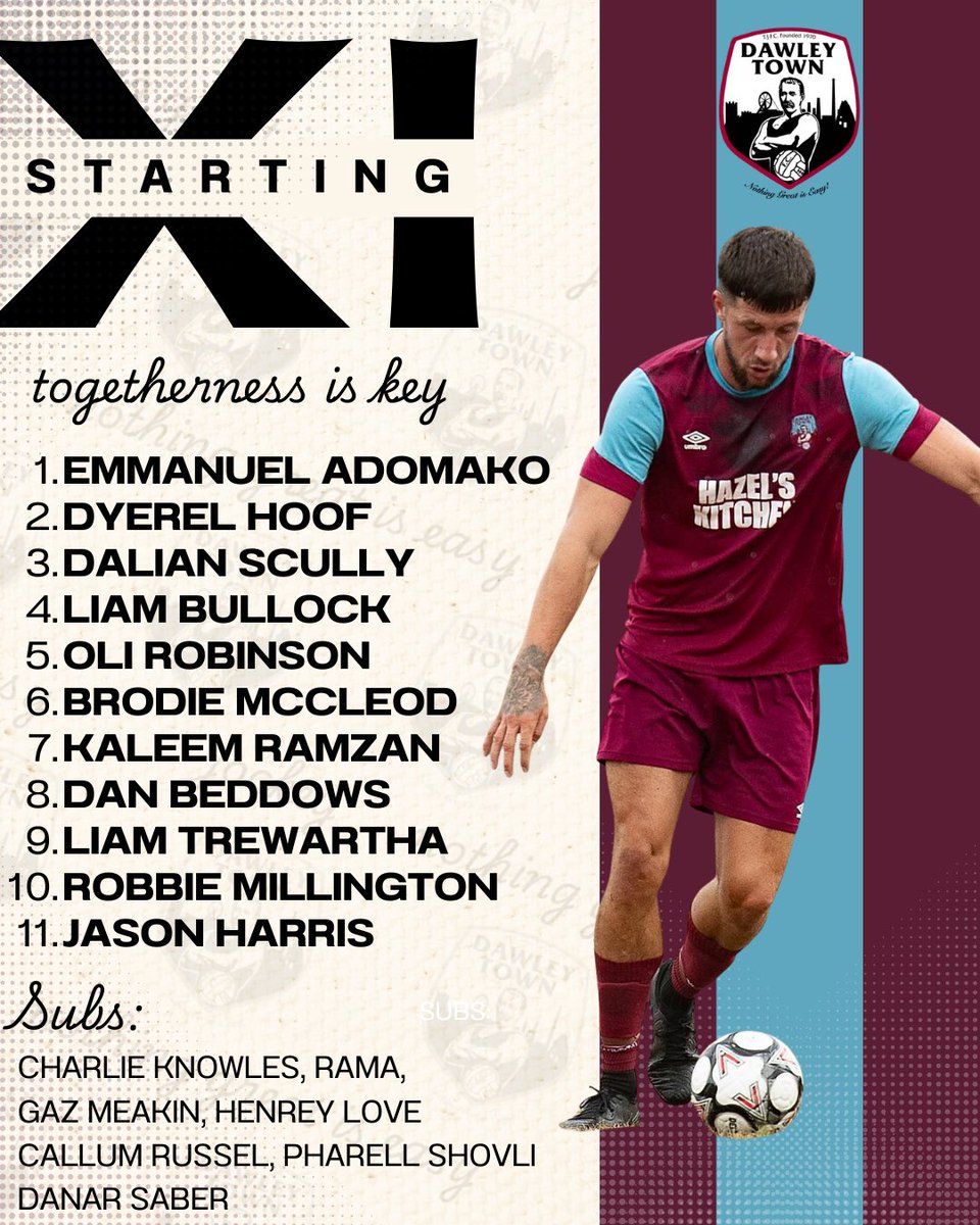 DawleyTownFC's tweet photo. 📋 Starting XI 📋
Strong Dawley side named for today 🔥
The lads are locked in and ready to go 💪⚽
🔴⚫ Togetherness is key 🔴⚫
#DTFC #StartingXI #NothingGreatIsEasy https://t.co/sT6NDIHLev