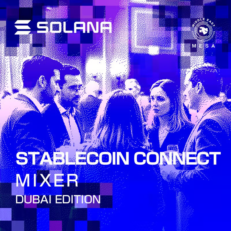 Poster for Solana Stablecoin Connect Mixer Dubai Edition featuring networking professionals