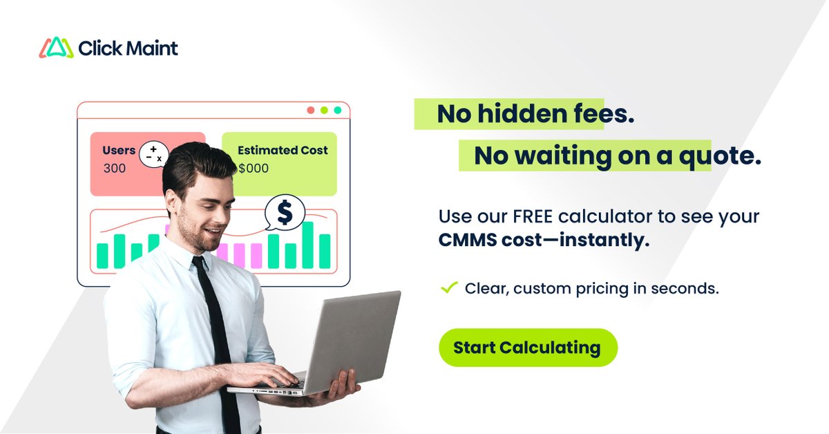 clickmaint's tweet image. Curious about CMMS pricing? 🤔 Our new calculator gives you a fast, free estimate based on your team&apos;s needs.

Get your quote now: hubs.ly/Q03GCYjx0

#CMMS #Pricing #MaintenanceSoftware