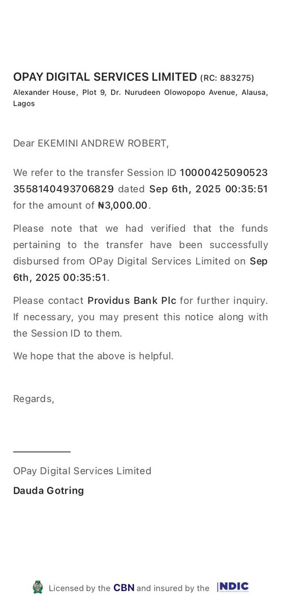 @utilitywallet.ng
 I tried funding my utilitywallet.ng accnt via <a href="/OPay_NG/">OPay</a> . Opay has confirmed that the payment has been received, but <a href="/ProvidusBank/">ProvidusBank</a> which is the bank account linked to the @utilitywallet.ng has not funded my wallet. 

Please <a href="/ProvidusBank/">ProvidusBank</a> credit the wallet
