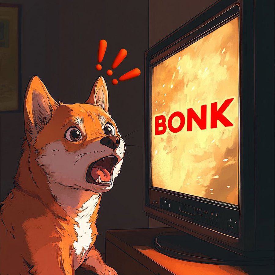 Illustration of a surprised Shiba Inu dog watching a TV screen displaying the word 'BONK' in red letters