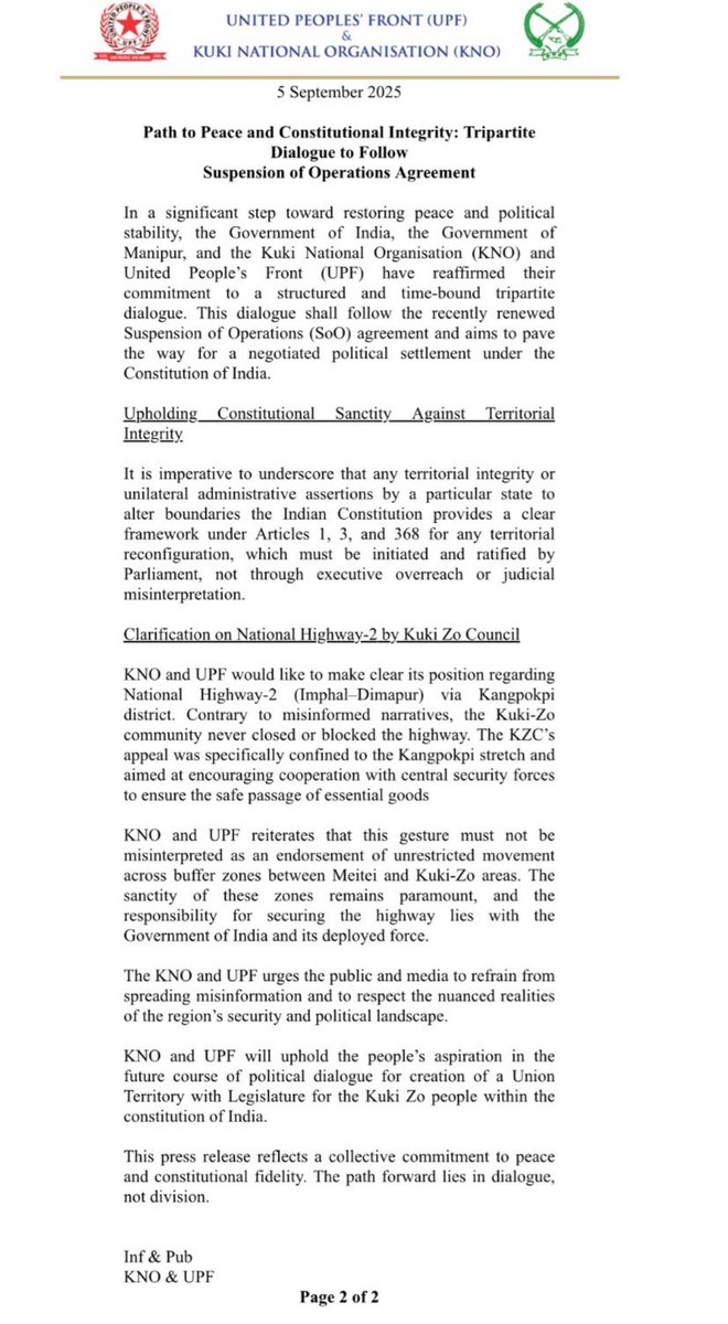 KNO &amp; UPF clarify NH-2 (Imphal–Dimapur via Kangpokpi) reopening isn’t for unrestricted movement but for safe goods transit, per Kuki-Zo appeal. Route still crosses buffer zones—so Meiteis won’t use it, contrary to initial post-MHA assumptions. #ManipurNews