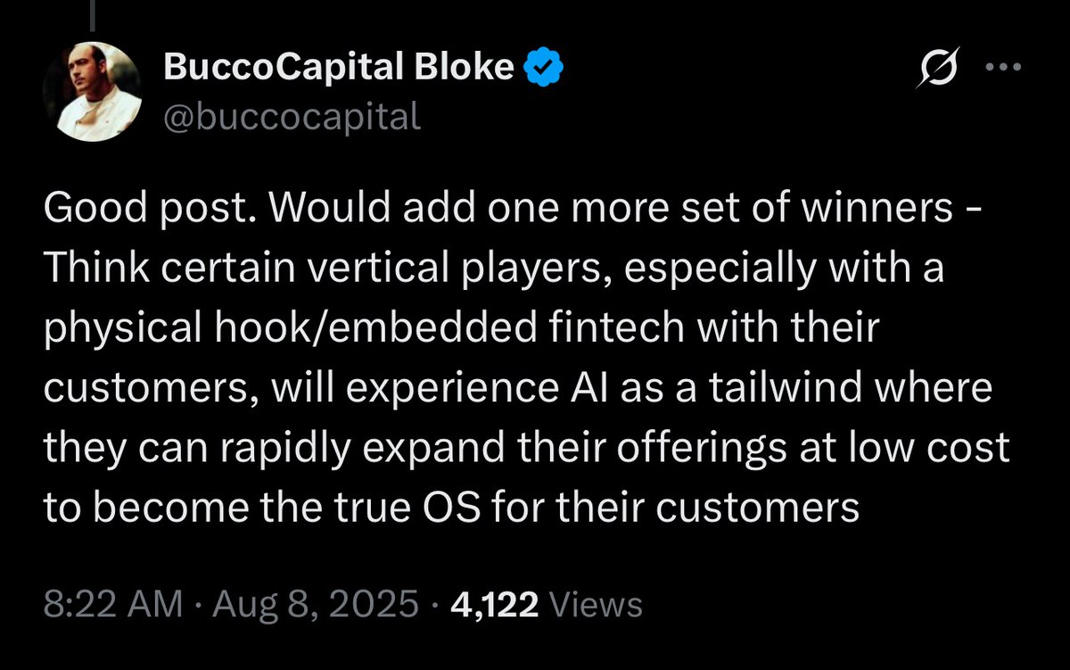 buccocapital's tweet image. Samsara. ServiceTitan. Guidewire.
Vertical SaaS is on fire and they are going to be major AI winners. Not only can they now build their platform much cheaper but the insights they can deliver via AI will be transformative. Huge data advantage for these companies