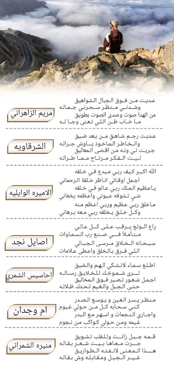 لم تمر الصورة التي التقطها 
المصور بدر الزهراني <a href="/nharalshoq/">بدر هاشم</a> 
لأعالي جبال الهدا - وهي تحتضن الغيوم في منظر أخاذ يسر الناظرين - مرور الكرام على بعض شاعرات الوطن 
حيث عبرن بجزالة عن هذه اللحظات وأبدعن في النظم والوصف...

#الهدا
#الطائف