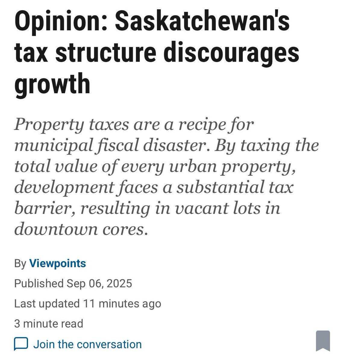 ABtythiessen4's tweet image. “#Sask’s current tax system relies heavily on taxing development, investment, and labour. In other words: we rely on taxing growth, and discourage growth in the process.”

Opinion: #Saskatchewan&apos;s tax structure discourages growth

#skpoli #cdnpoli

thestarphoenix.com/opinion/letter…