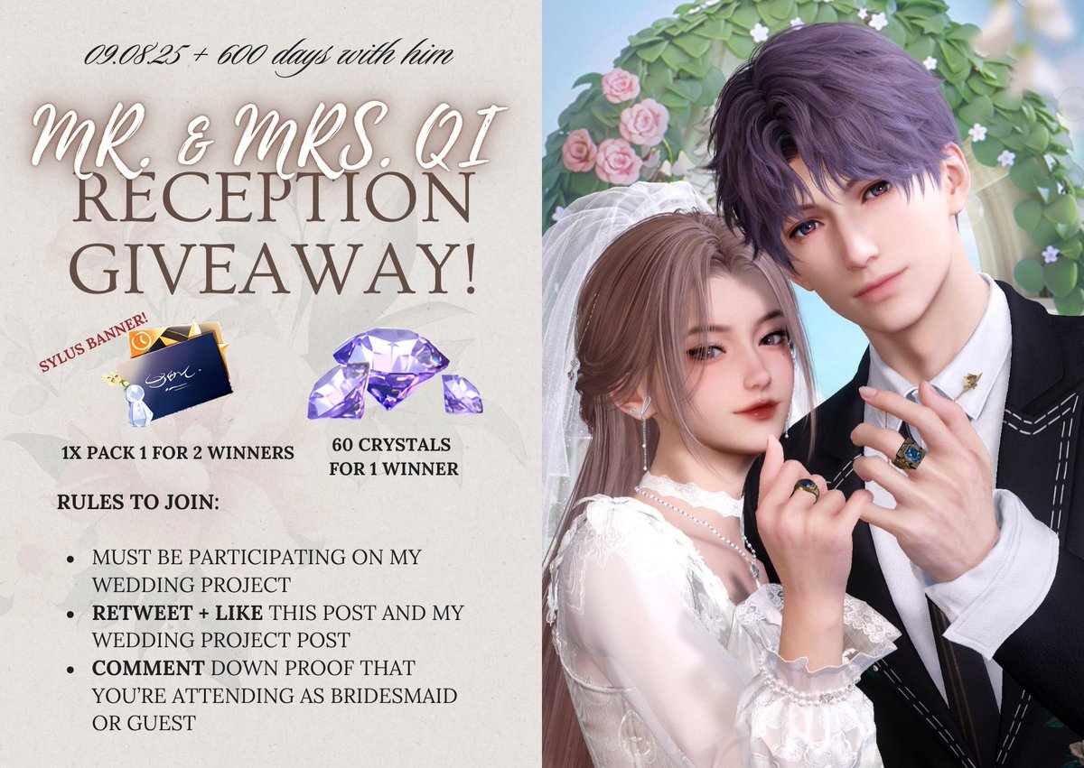 MINI GA‼️ (RULES IN THE PHOTO) 

Pack #1 for 2 winners (Sylus Banner) and 60 crystals for 1 winner! 

To celebrate my wedding and 600th day on September 8th, I am hosting my first ever giveaway! It's only a small one, but I hope it makes my lovelies happy!