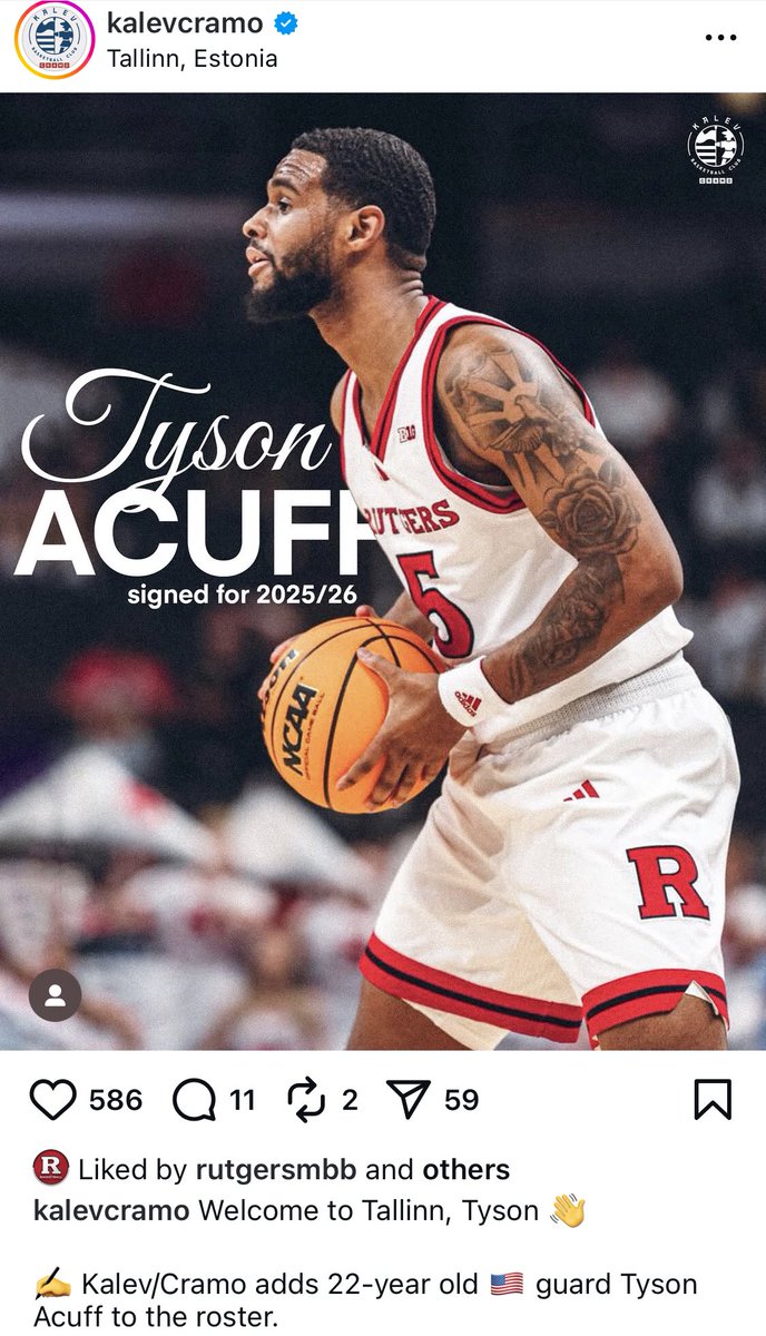Former Rutgers basketball player Tyson Acuff signs a deal with three-time defending Estonian champion BC Kalev/Cramo.