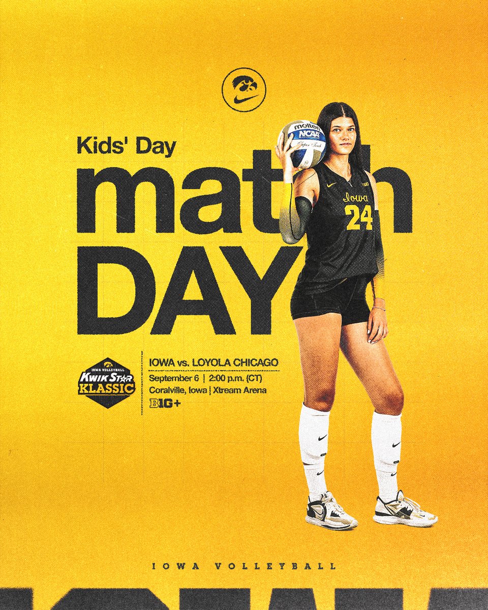 IowaVolleyball's tweet image. Saturday's in Coralville &amp;gt;&amp;gt;&amp;gt;

🆚 Loyola Chicago
⌚️ 2:00 p.m.
📍 Xtream Arena
💻 bit.ly/3I8kq9a
📻 bit.ly/3UQKybu
📊 bit.ly/3VnG78p
🎟️ bit.ly/4g9dMfz