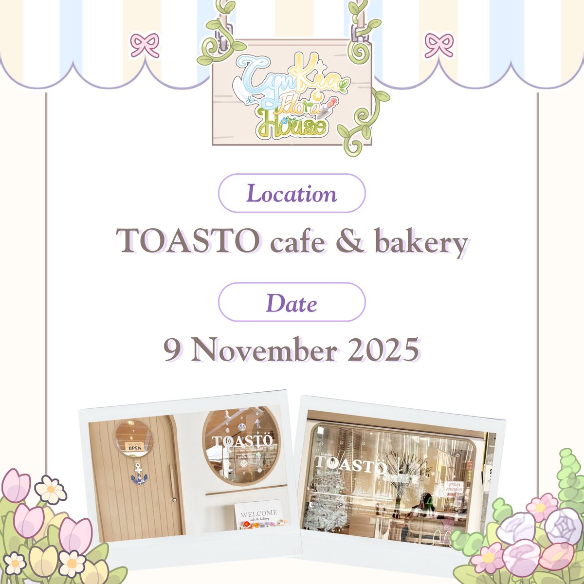⋆˚ 💐 ˖ Location &amp; Date ⋆ 𝜗𝜚 ˙

อย่าลืมแวะมาที่ร้านดอกไม้ของเรากันนะ !

🗓️ 9 พฤศจิกายน 2568
📍 TOASTO cafe &amp; bakery
🕙 10:00 - 17:30 น. ( Reservations &amp; Walk-in )

#CynKiaFloraHouse #ซินเคียมีดอกไม้มาส่ง