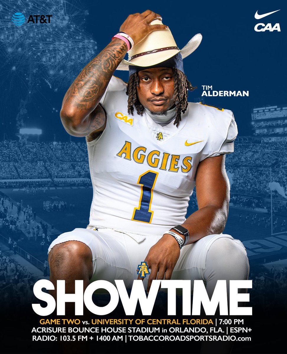GET UP, AGGIES! It’s #Gameday in the sunshine state!

🆚 University of Central Florida 
🏟️ Acrisure Bounce House Stadium 
📍Orlando, Fla.
🕟 7:00p.m. 
📺 ESPN+ 
🎧 tobaccoroadsportsradio.com • SiriusXM Channel 989 • and in Greensboro on 103.5-FM/1400-AM

@ncatfootball #AggiePride