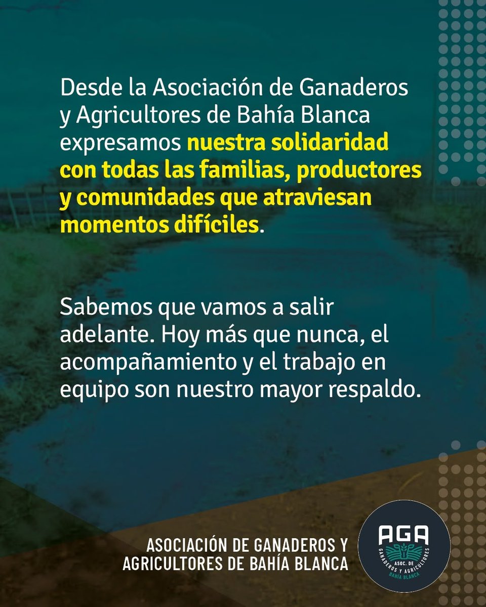 Las inundaciones nos golpean, pero también nos unen. Desde <a href="/AGABBca/">AGA Bahía Blanca</a> expresamos nuestra solidaridad con todas las familias y productores que atraviesan momentos difíciles.

Hoy más que nunca, el apoyo y el trabajo en equipo son nuestro mayor respaldo. ¡Juntos saldremos adelante!