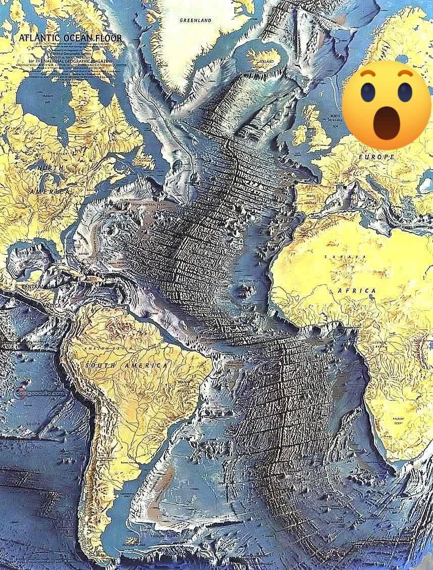 guitarmia77's tweet image. En 1968, se publicó un mapa sorprendente del fondo del Océano Atlántico. Este mapa fue creado a partir de numerosos estudios de las profundidades del océano, llevados a cabo por Bruce Heezen y Marie Tharp. Además, fue pintado por Heinrich Berann para la revista National Geographi