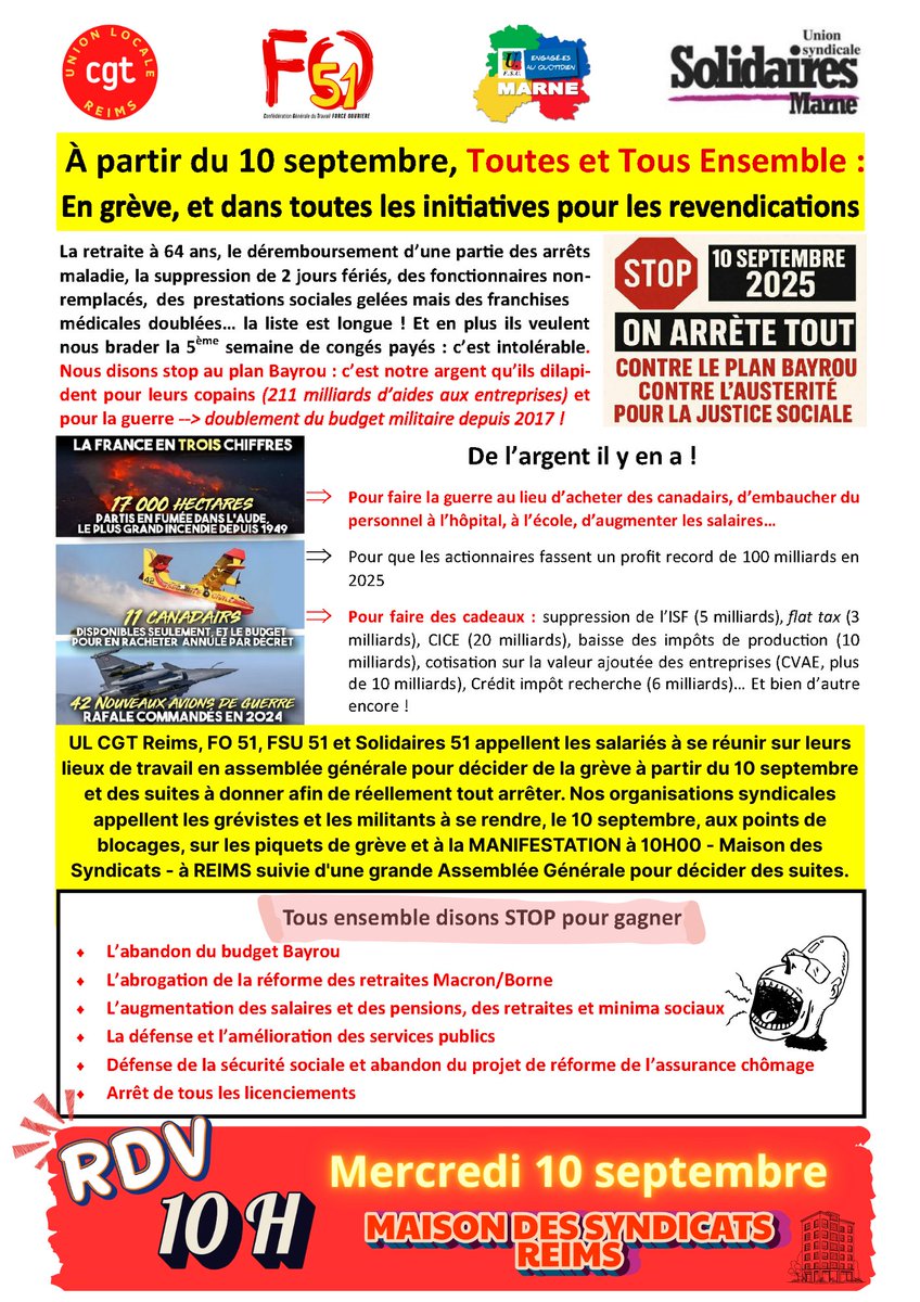 UL CGT de Reims, UD FO51, FSU51 et Solidaires51 appellent à la grève et à la manifestation de #Reims le 10 septembre : RDV à 1OH à la Maison des Syndicats