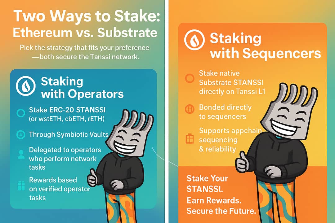 In my previous post on Tanssi, I discussed Tanssi staking and why it matters. 

Now, I would like to take this opportunity to explain the two methods you can use to stake with <a href="/TanssiNetwork/">Tanssi</a>.

There are Two main ways to stake your $TANSSI. 

You can pick what works for you!👇🏼