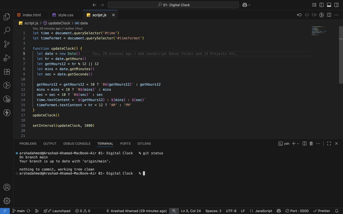 ArashadAhamad10's tweet image. Post 1:
Day 136 of #200DaysOfCode
Built a Digital Clock using #HTML5 #CSS3 &amp;amp; #JavaScript

✅ 12-hour format with AM/PM
✅ Updates every second
✅ Fully responsive UI
✅ Works worldwide (auto timezone based on user system)
Live: arshad-digital-clock.netlify.app

#100DaysOfCode #WebDev