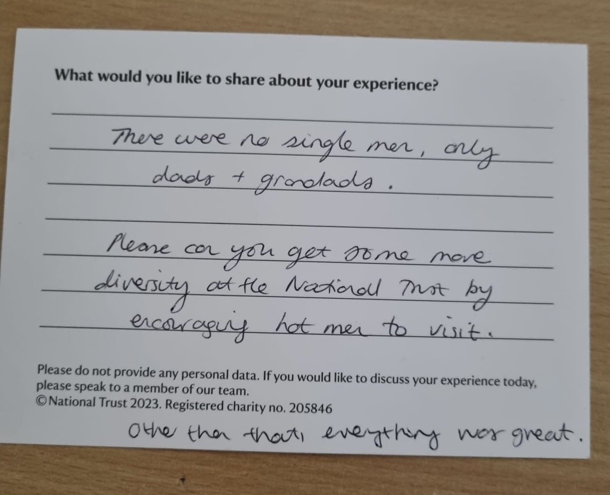 Customer feedback this week; 

‘Please can you get some more diversity at the National Trust by encouraging more hot men to visit.’ 

Ideas for how we do this v welcome. Nothing too racy please - we are the National Trust not the National Tryst.