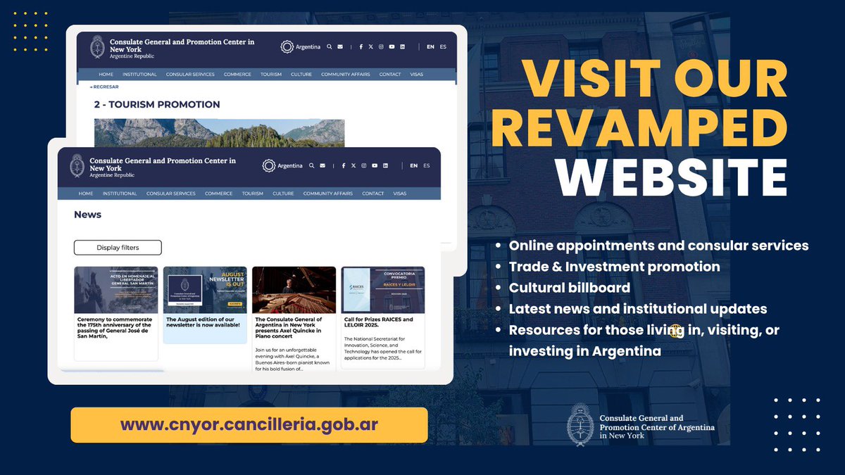 🌐 Our website is renovated and fully updated! 🇦🇷

More accessible, more informative, more connected. 

Check out the newly refreshed cnyor.cancilleria.gob.ar

➤ Online services
➤ Events &amp; updates
➤ Trade &amp; Investments 
➤ Art &amp; Culture

For Argentines &amp; friends of Argentina!