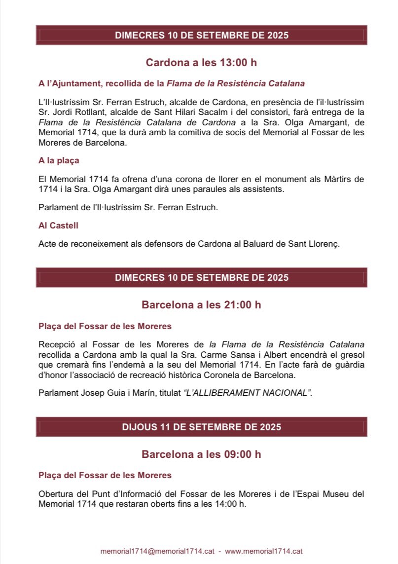 1️⃣ Us esperem als✊ACTES DE LA DIADA NACIONAL DE CATALUNYA del <a href="/Memorial1714/">Memorial 1714</a> ✊
Recollida de La Flama de la Resistència Catalana:
🗓️10/09/25
⏰ 13:00h
📍🏫 <a href="/ajtcardona/">Ajuntament de Cardona</a>
Alcalde <a href="/ferranestruch/">Ferran Estruch i Torrents</a> i Alcalde de <a href="/santhilari/">Sant Hilari Sacalm</a> Jordi Rotllant, i <a href="/amargant_olga/">Olga Amargant</a> del Memorial 1714.