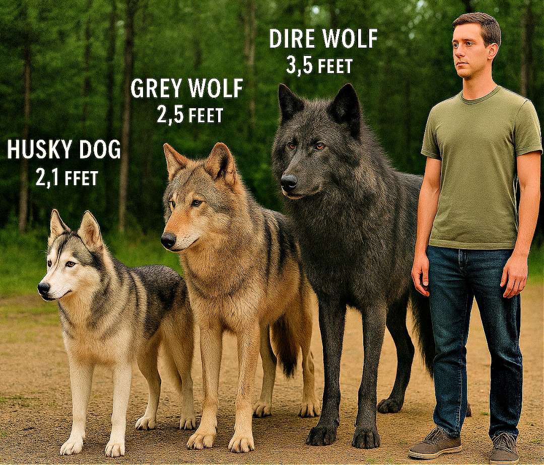 BrainstormingN's tweet image. The wolf heights in the photo  are measured at the shoulder, not the top of the ears. Adding ear height, a Husky might reach ~2.5 ft, a Grey Wolf ~3 ft, and a Dire Wolf ~4 ft at the ears. The man shown appears around 5&apos;10&quot; tall, providing a great scale! #gene #edit