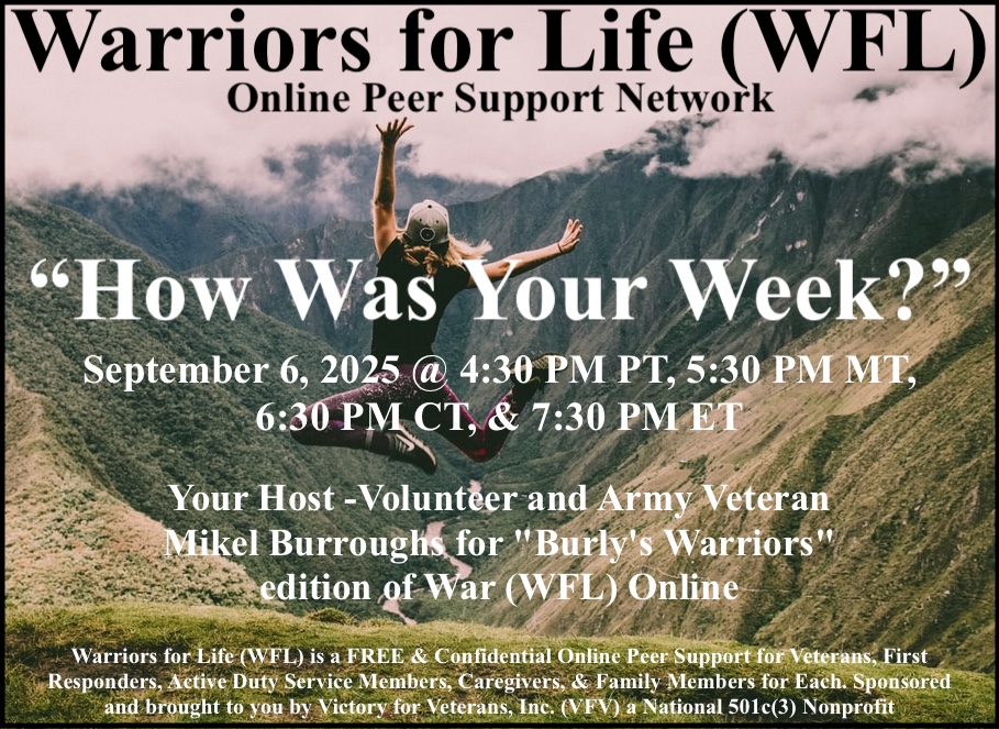 VFVWFL's tweet image. “Everyone Matters, Talk to Us!" — Army Veteran Mikel Burroughs

TONIGHT's Topic: "How Was Your Week?"

victoryforveterans.org/post/joinwarri…

Thank you,
Army Veteran Mikel Burroughs
#howwasyourweek #whatshappening #peersupport #veterans #firstresponders #caregivers #ptsd #tbi #mst