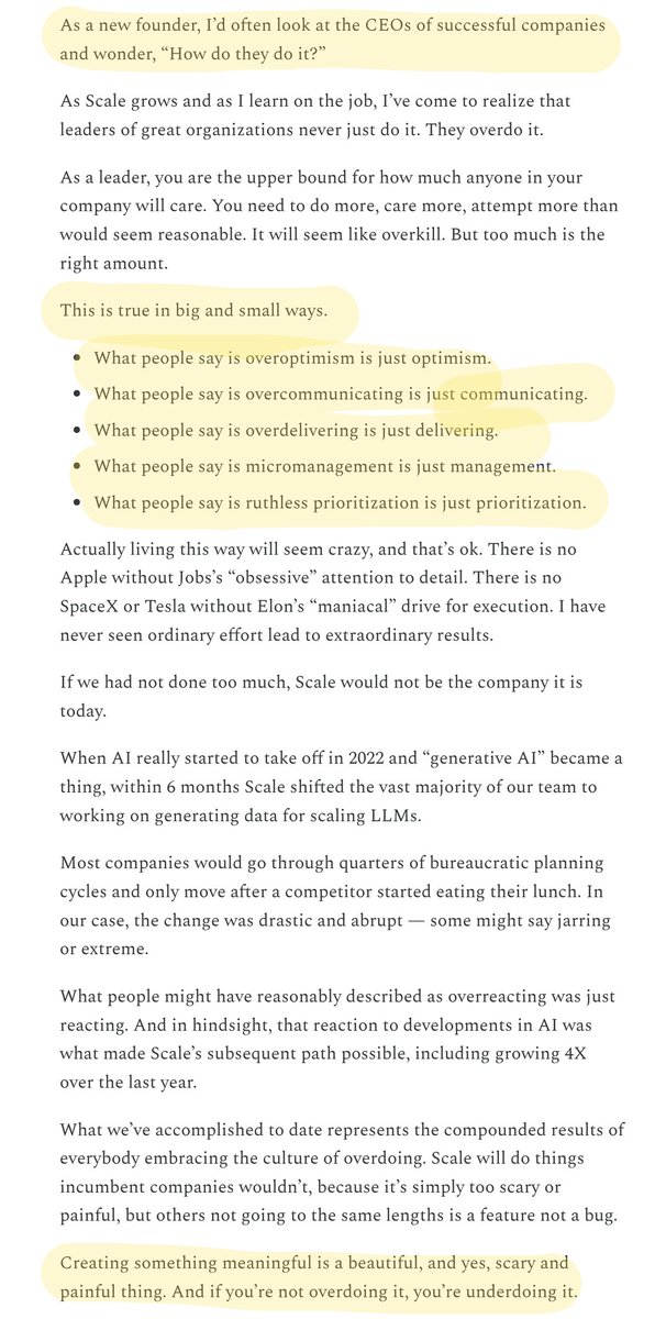 gregisenberg's tweet image. i found an old blog post from alexandr wang on building billion dollar companies (scale ai ceo, $15b valuation):
"what people say is overoptimism is just optimism
what people say is overcommunicating is just communicating
what people say is overdelivering is just delivering…