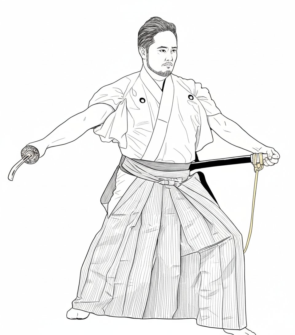 先日の居合演武の写真をGemini 2.5 flash nano bananaに線画化させてみたら髭が濃くなり毛量も増えた