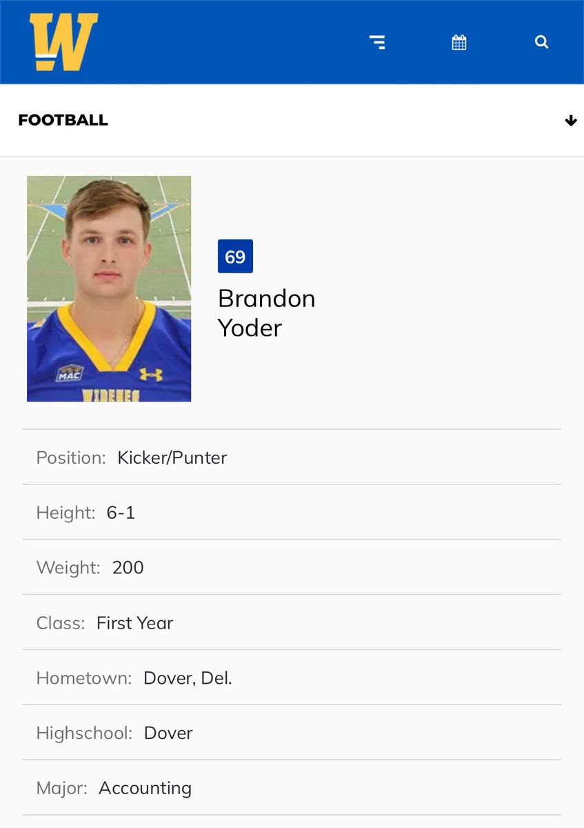 Good luck to former <a href="/DHigh_Baseball/">Senators Baseball</a> and <a href="/DoverSenatorsFB/">Dover Senators Football</a> player Brandon Yoder on his first career College START at Punter today for Widener University! #GoDover🔵⚪️⚾️🏈