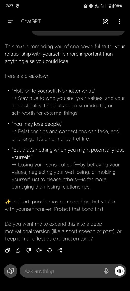 Hold on to yourself.
No matter what.

You may loose people,
But that's nothing when you might potentially loose yourself.