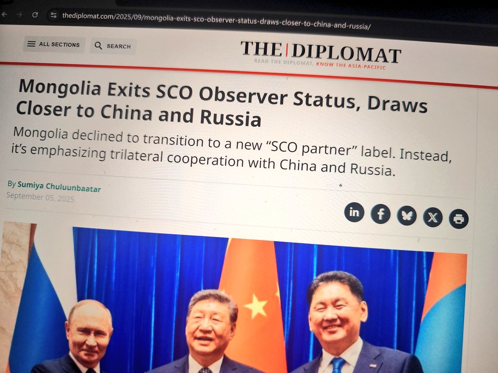 Mongolia Exits SCO Observer Status, Draws Closer to China and Russia | Mongolia declined to transition to a new “SCO partner” label. Instead, it’s emphasizing trilateral cooperation with China and Russia. thediplomat.com/2025/09/mongol…