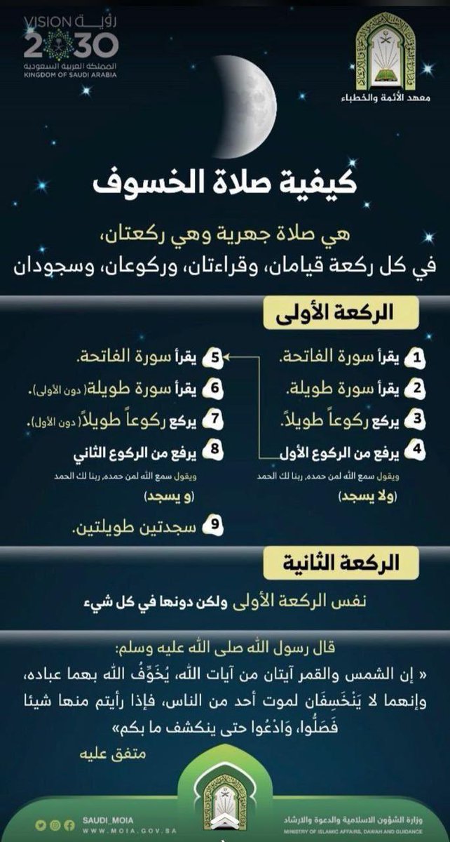 ✅️  ان  الشمس والقمر  آيتان من آيات الله 
✅️  كيفية صلاة الخسوف 
سماحة الشيخ  عبدالعزيز بن باز  رحمه الله : 
✅️ ثبت عن النبي ﷺ أنه أخبر أن الكسوف والخسوف للشمس والقمر يقعان تخويفا من الله لعباده، وحثا لهم على مراعاة هذه الآيات والخوف من الله عز وجل والفزع إلى ذكره وطاعته،