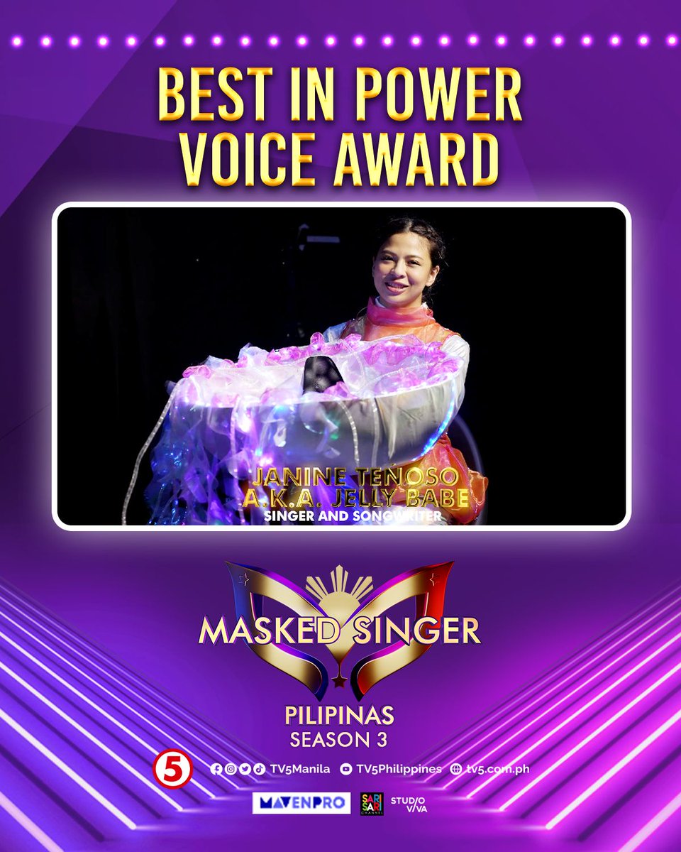 maskedsinger_ph's tweet photo. Emosyon at lakas sa bawat nota! Best in Power Voice Award goes to Jelly Babe, Janine Teñoso!

📺 Masked Singer Pilipinas Season 3 sa TV5
📆 Tuwing Sabado, 7:15PM at Linggo, 7:45PM
🎤 Pagkatapos ng Vibe!

#MaskedSingerPilipinas #MSP3rdGOLDENMASKEDAWARDS #NadineLustre https://t.co/kTV3A4q3UM