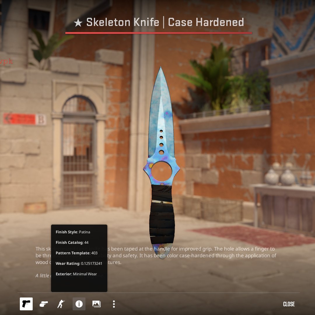 This is the no. 1 pattern blue gem Skeleton Case Hardened #403 in MW 💎

Only two exist and neither has ever been sold

One of them will now be auctioned off and sold to the leading bid on Saturday 4PM CEST. Good luck!