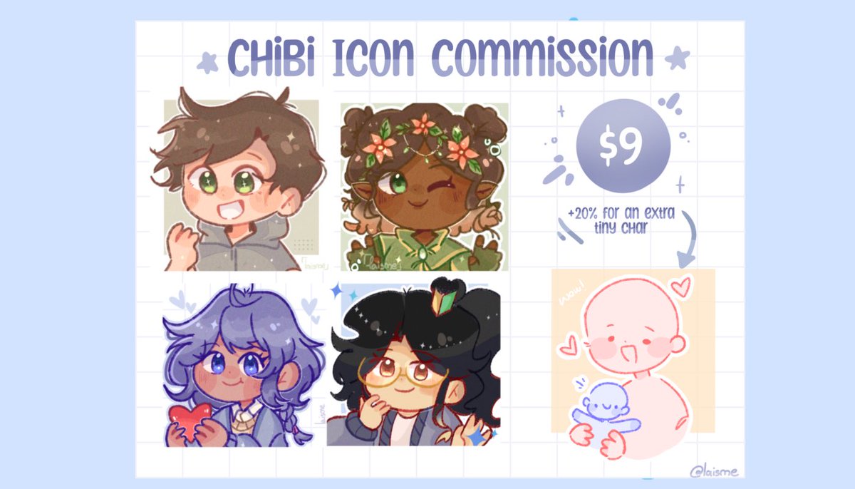 ✦• CHIBI COMMISSIONS OPEN! •✦

Hi everyone! I’m opening 3 slots for chibi commissions. The prices + TOS are below, please take a look! Thank you for the support and if you’re interested, my dms are always open! 💐 

#ArtCommission