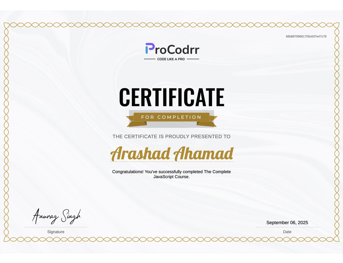 ArashadAhamad10's tweet image. Post 2:
Day 136 of #200DaysOfCode
🚀 Just completed “The Complete #JavaScript Course” 
Learned and practiced:
✅ JavaScript (ES6+)
✅ DOM Manipulation
✅ OOP
✅ API Integration (Fetch, Axios)
A big thanks to Anurag Sir @anuragsinghbam  for the guidance.
#WebDev #Frontend #code