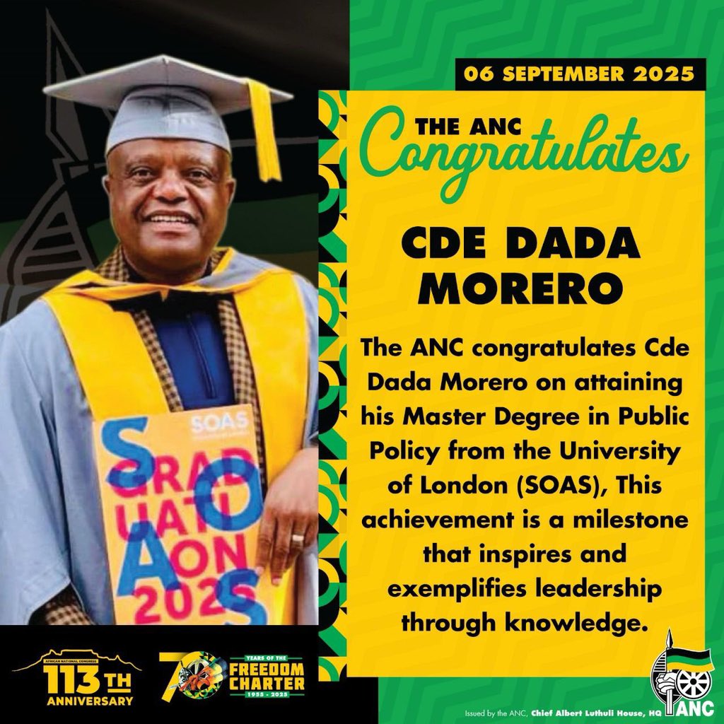 MYANC's tweet image. The ANC congratulates comrades Mduduzi Manana, Dr Nobuhle Nkabane, and Dada Morero on their academic achievements from SOAS, University of London.