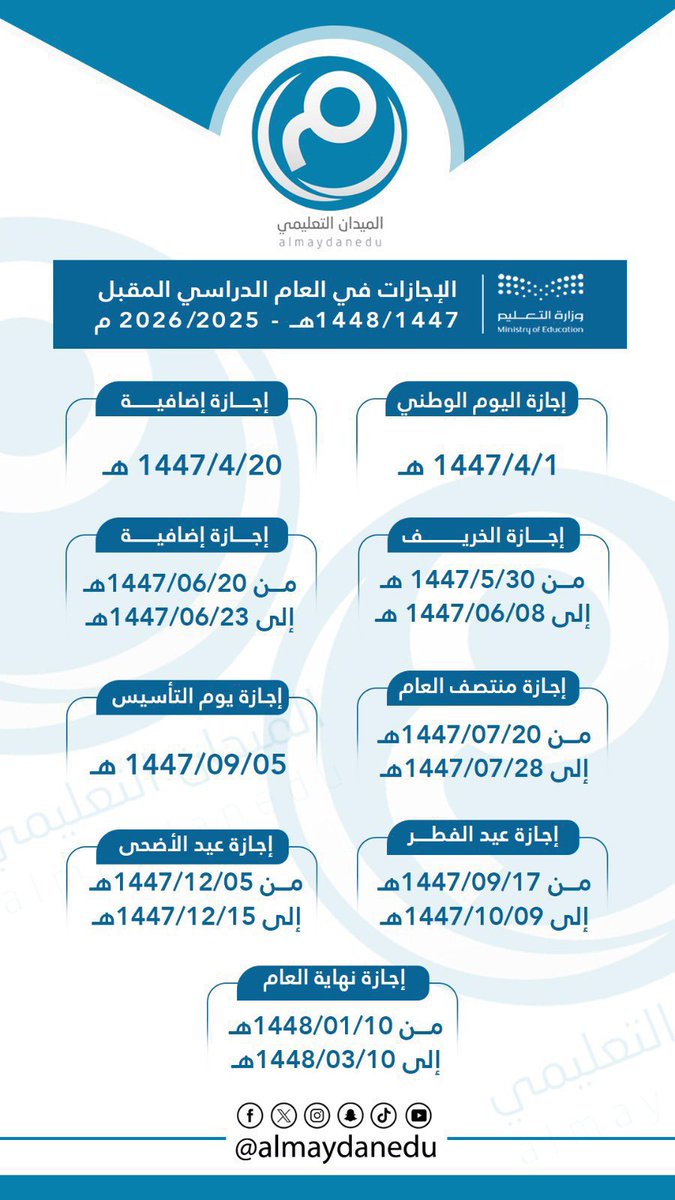 توزيع الأسابيع الدراسية _الفصل الدراسي الأول للعام ١٤٤٧هـ