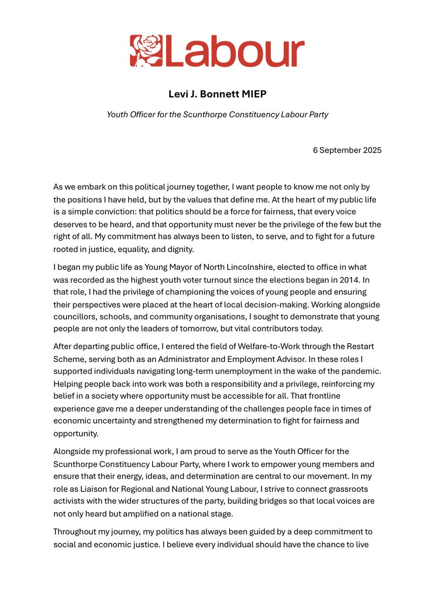 levi_bonnett's tweet image. 🌹From Young Mayor of North Lincolnshire, to the frontline of Welfare-to-Work, to Labour Youth Officer - my path has been shaped by one conviction: that politics must be rooted in fairness.

This is my story, and my mission.👇🏼