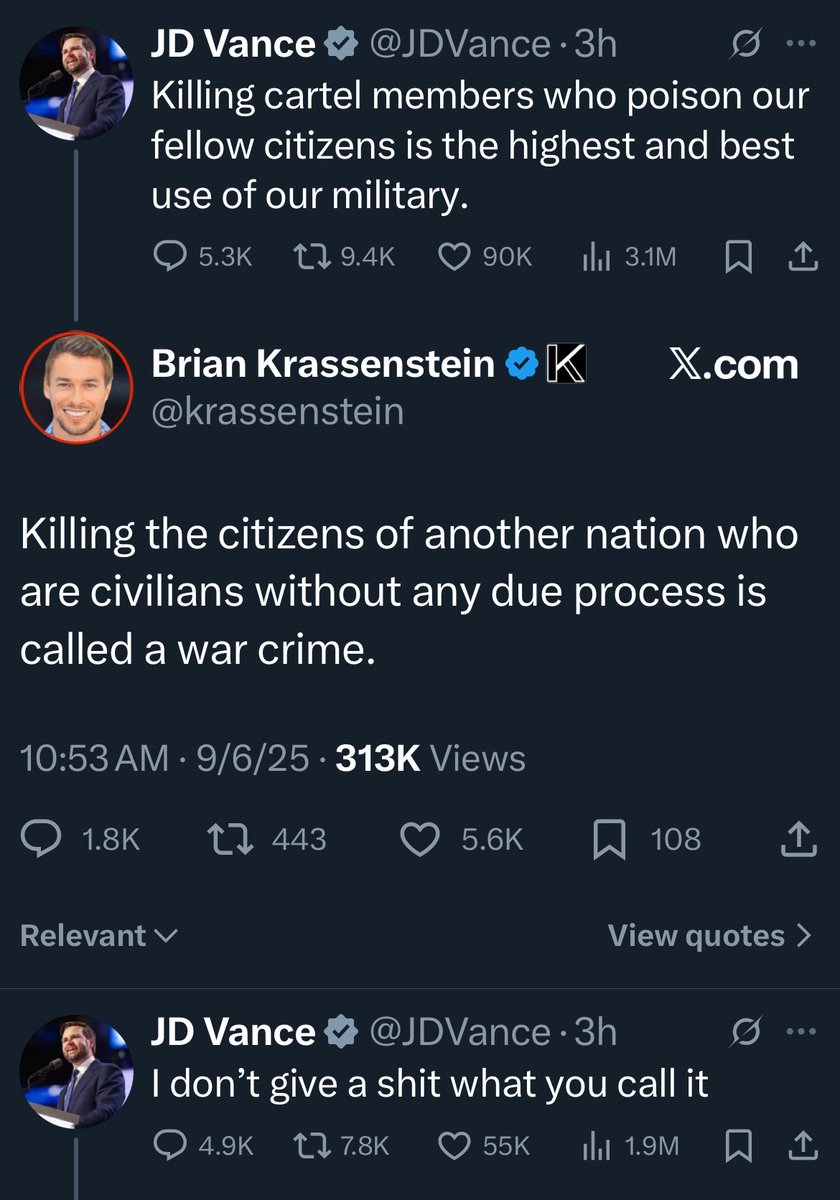 The intensification of vice signaling at the highest levels of government is chilling.

We are watching a concerted effort to eviscerate the very notion that there are any legal constraints at all on the use of force at home or abroad.