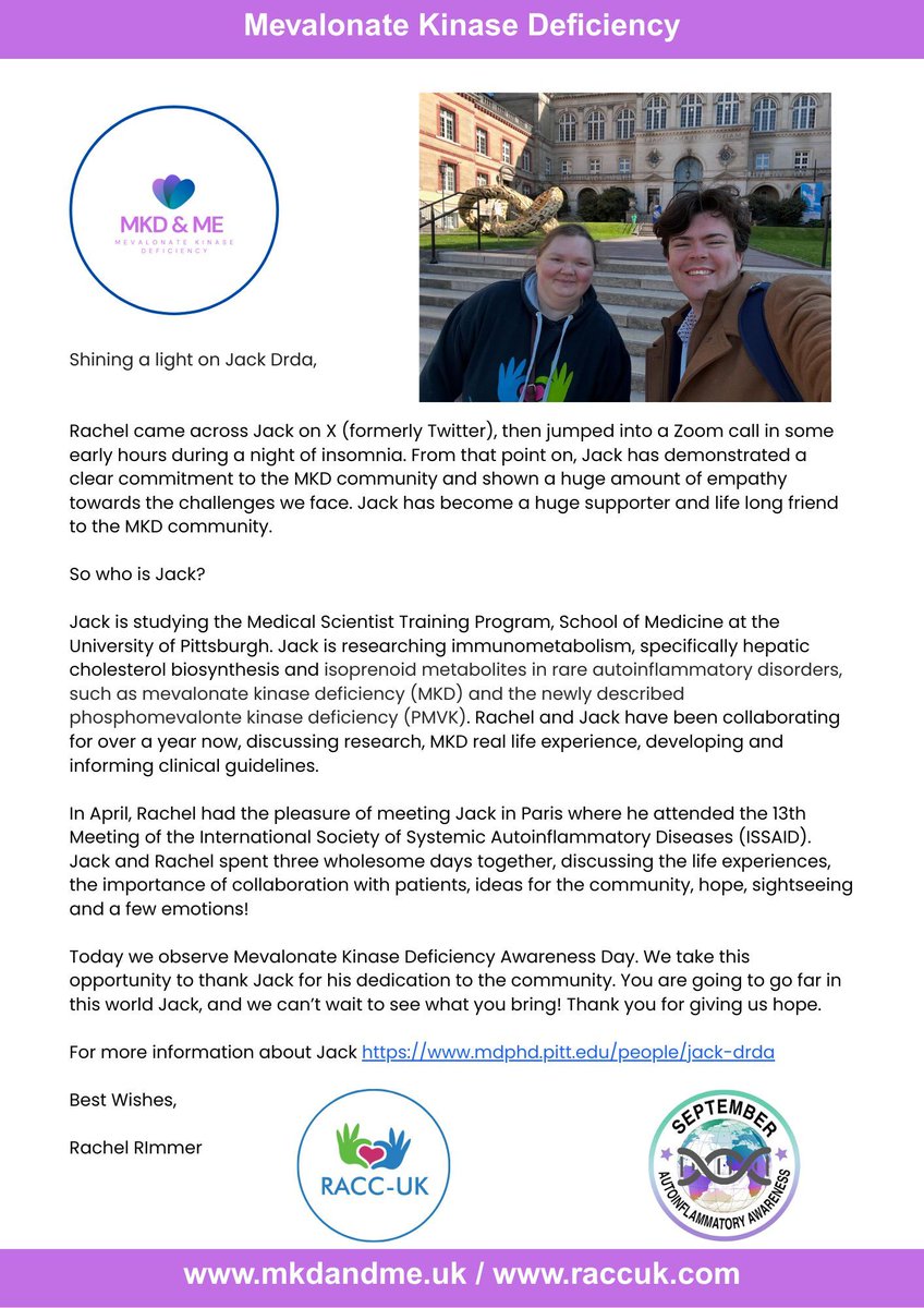 📣 Shining a spotlight on Jack Drda 📣 

Research interest is immunometabolism, with an emphasis on hepatic cholesterol biosynthesis and isoprenoid metabolites in rare autoinflammatory disorders, such as MKD and the newly described PMVK 
#research #immunometablism 💚 🩷 💙