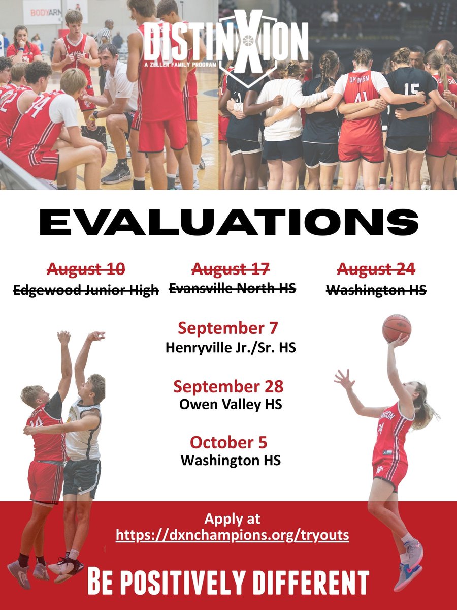 Tryouts tomorrow at Henryville High School!  We can't wait!

Ready to find your team? Only 3 evaluation dates left to join the <a href="/DXNCHAMPIONS/">DistinXion C.H.A.M.P.I.O.N.S. Program</a> Family. We focus on mission &amp; culture. 

One team per grade for a personalized experience. 

Register Here Now: dxnchampions.org/tryouts