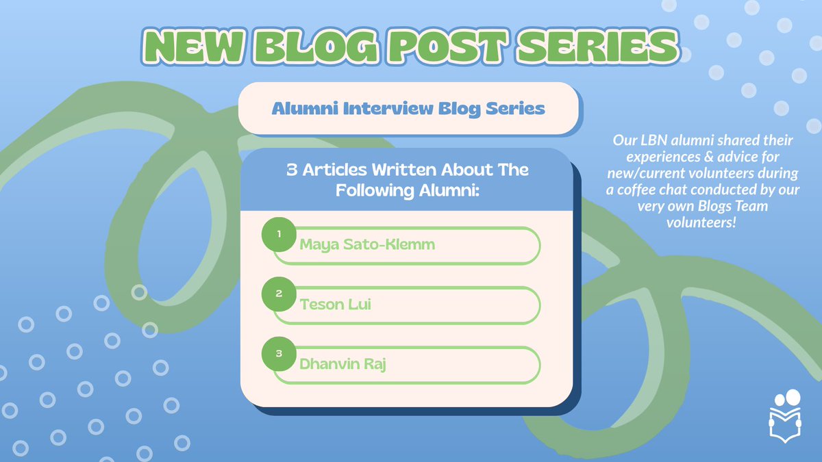 LearningBuddies's tweet image. 🆕Alumni Interview Blog Series🆕

➡️Visit our website to learn about our alumni volunteers&apos; experiences and their advice for LBN volunteers as they chat with our Blogs Team volunteers over coffee! 

#learningbuddiesnetwork #lbn #alumniexperience #blogs #volunteers