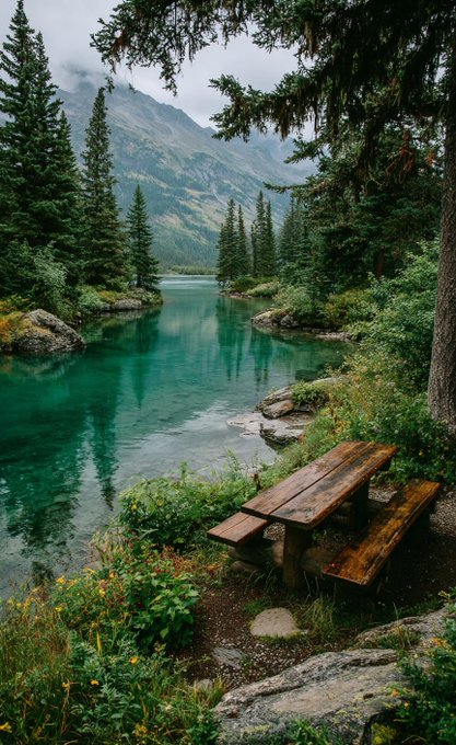 A serene mountain lake with clear turquoise water, surrounded by tall pine trees and rocky shores. Snow-capped mountains rise in the background under a cloudy sky. A wooden picnic bench sits on the grassy bank near the water, surrounded by wildflowers and greenery.