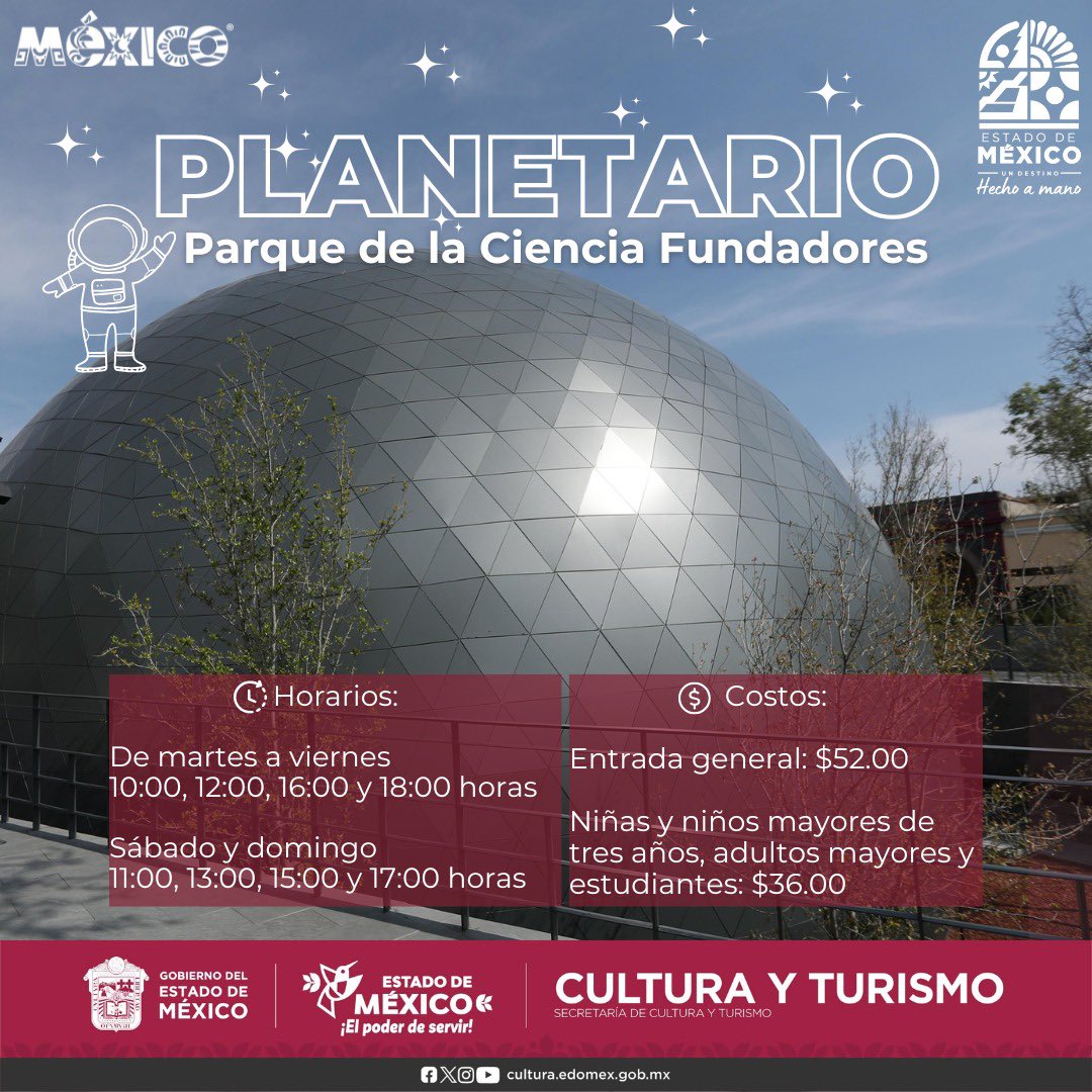 Sábado o domingo el Planetario del Parque de la Ciencia Fundadores de #Toluca te espera para vivir una experiencia de conocimiento y diversión. 🌎🪐🔭. Consulta horarios y costos 👇🏼👇🏼👇🏼👇🏼