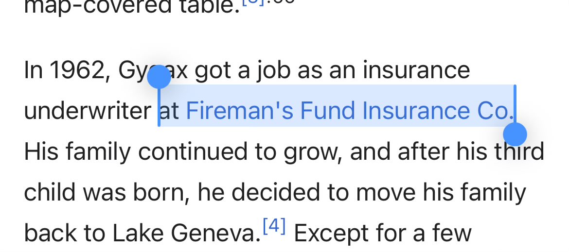 Holy shite, Gary Gygax was a sort of actuary, and at one time at Fireman’s Fund(!?)