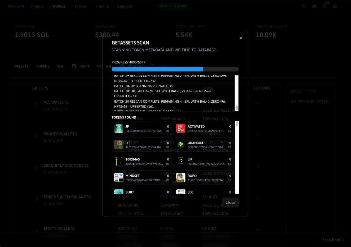 annual wallet hygiene of roughly 5.5K solana wallets

> scans all wallets for sol/lamports, spl tokens, spl token accounts (closeable for sol refunds), closeable NFTs, and any remnant liquidity pool contributions 🤟

also can trade with tens to hundres to thousands of wallets 😎