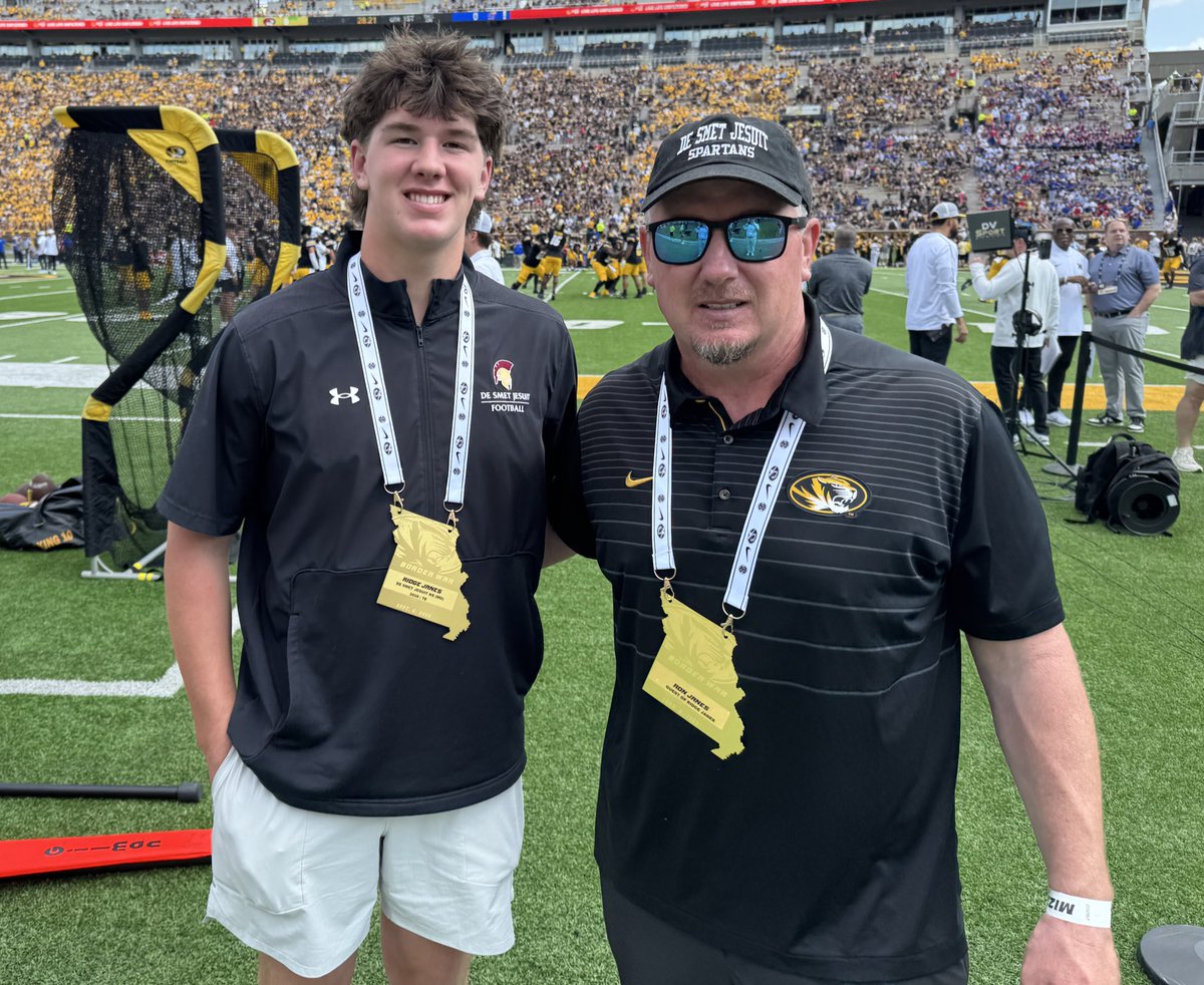 Class of 2028 four-star TE Ridge Janes with his father and former #Mizzou FB Ron "Rhino" Janes at their first Border War together