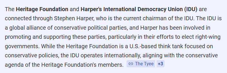 If Pierre Poilievre gets elected as PM he will unleash into Canada the same playbook 2025 that the US is now experiencing. Stephen Harpers IDU is aligned with the exact same ideology and is probably a driving force behind it in the states. They want to destroy democracy.