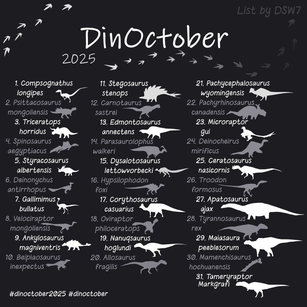cairoFifi's tweet photo. DinOctober 2025! 🦖
31 days, 31 species!

I’m joining DinOctober for the first time and planned ideas for every day in advance -- but I couldn’t find a 2025 list online, so I made my own! Feel free to use it if you’d like ^-^

#dinoctober2025 #dinoctober #Inktober2025 https://t.co/2eIbIly5tn