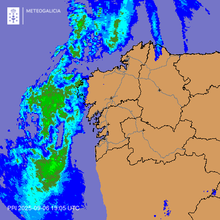 🌧️ Tras un sábado seco, cando son as 21:15h temos a fronte entrando xa polo extremo oeste de #Galicia. Irá percorrendo toda a terriña pola noite, con chuvias máis abondosas no oeste e sur.