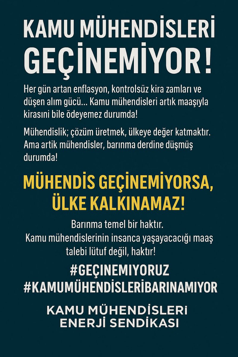 Geçinemeyen Mühendis, Çöken Bir Ülkenin Habercisidir. Haklarımızı alana kadar susmayacağız!
<a href="/KaMuhEnerjiSen/">Kamu Mühendisleri ENERJİ Sendikası</a> 
<a href="/MuhTekSen_Konf/">Mühendis Tek-Sen Konfederasyonu</a>